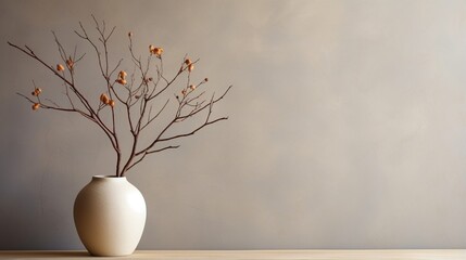 Obraz na płótnie Canvas An aged tree branch with copy space in the backdrop is shown in a contemporary white round vase against a beige wall. Apartment's idea of natural beauty and interior design components