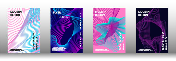 A set of modern abstract covers with abstract gradient linear waves. - obrazy, fototapety, plakaty