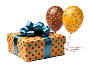 gift box with a blue bow and two balloons in cheerful multicolored polka dots, isolated