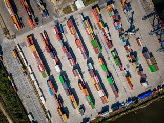 aerial view of a container terminal at the port, where massive containers await their journey