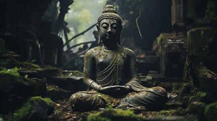 An aged, weathered Buddha statue nestled within ancient temple ruins. - obrazy, fototapety, plakaty