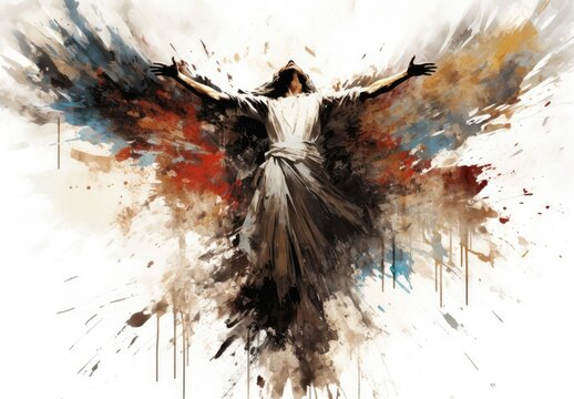 A man with angel wings. Concept of freedom, inspiration and faith. Digital art in watercolor style. Illustration for cover, postcard, greeting card, greeting card, interior design, decor or print.