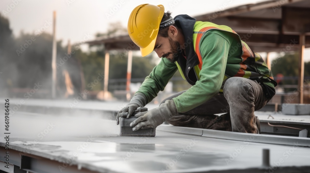 Poster A worker is using a tool to cut concrete slabs at building sites.