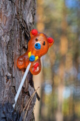 Obraz premium one red marmalade candy in the shape of a bear on a white stick in the brown bark of a tree in nature on the street