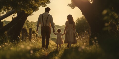 A Happy Family, Mother, Father, and Baby, Walk Hand in Hand through Lush Green Fields, Bathed in Gentle Sunlight, Brimming with Love and Joy
