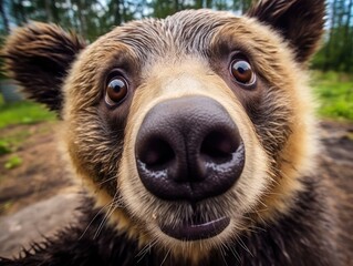 Close-up portrait of a bear in a clearing in the forest. Detailed image of the muzzle. A wild animal is looking at something. Illustration with distorted fisheye effect. Cover design, postcards.