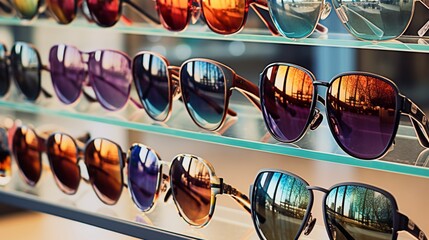 An array of various styles of sunglasses on a glass shelf. - obrazy, fototapety, plakaty