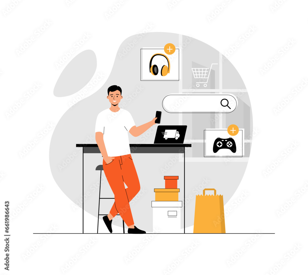 Poster shopping online. man searching new products and making purchases at internet store via phone app. or