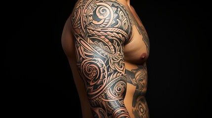 
Polynesian style tattoo on a man's muscular and athletic body. Patterns and designs on the body, skin painting. - Powered by Adobe
