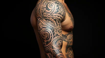 Fotobehang  Polynesian style tattoo on a man's muscular and athletic body. Patterns and designs on the body, skin painting. © Marynkka_muis_ua
