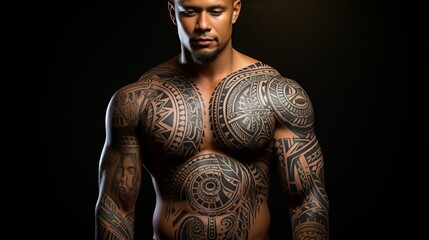 
Polynesian style tattoo on a man's muscular and athletic body. Patterns and designs on the body, skin painting.
