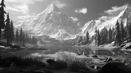 Photorealistic project mountain black and white Ai generated art