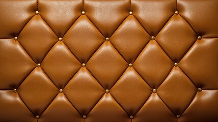 Gold leather upholstery. Close-up texture of genuine leather with Brown rhombic stitching, Pattern, Generative AI