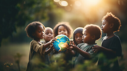 Group of African children holding planet earth planet earth, Generative AI