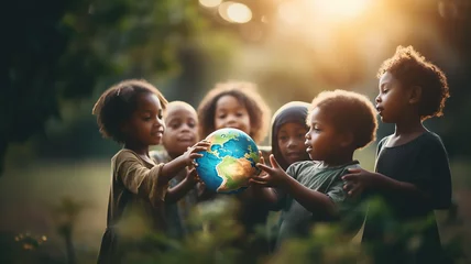 Fotobehang Group of African children holding planet earth planet earth, Generative AI © KJ Photo studio