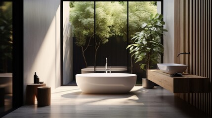An elegantly designed bathroom featuring minimalist decor and natural lighting.