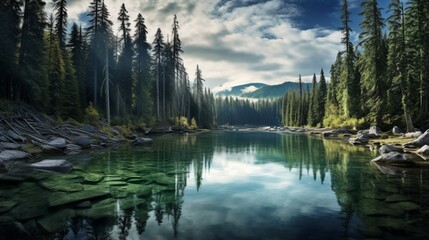 An evergreen forest reflected in a clear lake