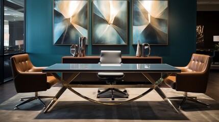 An executive office featuring a glass desk, modern art, and leather seating.