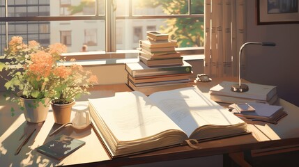 Open bookshelves, shelves, and warm sunshine