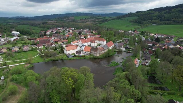 Hradek historical medieval castle in Hrádek village, Czech republic,Europe,aerial scenic panorama landscape view of mountain terrain