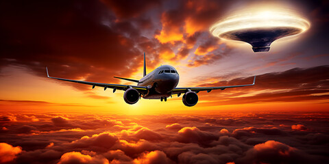 Flying plane and alien glowing spaceship in sky above the clouds at sunset.