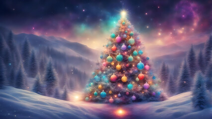 Magical Christmas Night: Decorated Xmas Tree in a Snowy Forest Wonderland
