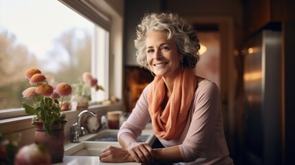 Portrait of middle aged woman in domestic kitchen at home.