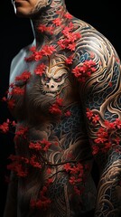 Fototapeta na wymiar A man with yakuza style tattoos. dangerous people, concept: mafia and criminal gangs in Japan.