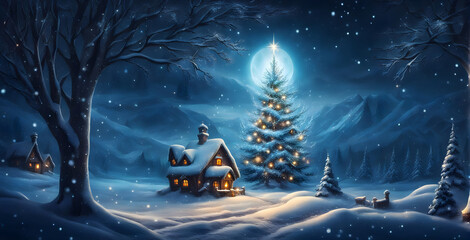 Christmas tree - Snowy Night Celebration: A Christmas Card with Starry Sky and Snowflakes - obrazy, fototapety, plakaty