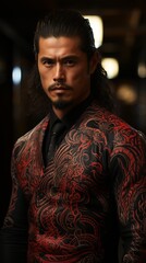 Obraz premium A man with yakuza style tattoos. dangerous people, concept: mafia and criminal gangs in Japan.