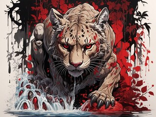 tiger in the night with bloody background, ai generated