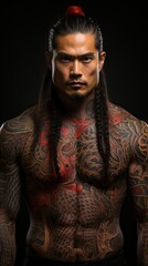 A man with yakuza style tattoos. dangerous people, concept: mafia and criminal gangs in Japan.