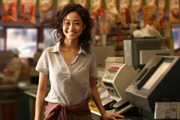 Asian Female Cashier Employee Lifestyle Backdrop Generative AI - obrazy, fototapety, plakaty