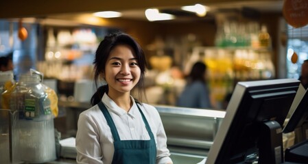 Asian Woman Cashier Employment Lifestyle Setting Generative AI
