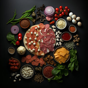 Picture of ingredients for making pizza, spices, vegetables, ingredients for making pizza. Set the scene for making delicious pizza. Generative AI