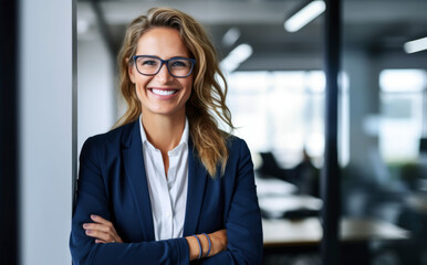businesswoman wearing glasses smiling standing in office