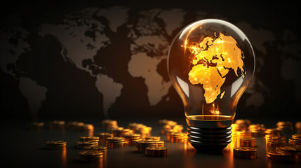 Glowing light bulb on the background of coin cones, business idea, world map, energy resources, energy symbol, energy issues