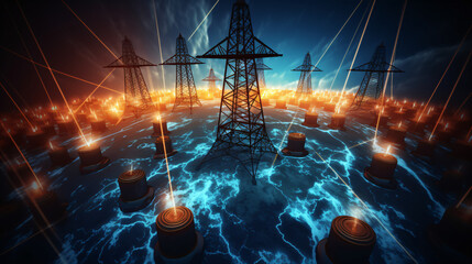 High voltage pylons and light poles on world map. Rising prices and the energy crisis concept. Rising electricity prices worldwide due to the global crisis.