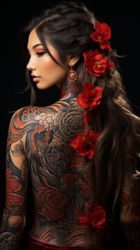 A woman with yakuza style tattoos. dangerous people, concept: girls in the mafia and criminal gangs of Japan.