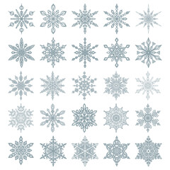 Naklejka na ściany i meble A set of twenty-five blue snowflakes. Delicate icy patterns. Snow ornaments in your design. A winter wonderland. Attribute of Christmas and New Year.