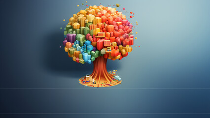  Lebensbaum als Zeichnung mit wunderschönen bunte Kugeln in Querformat, ai generativ - obrazy, fototapety, plakaty
