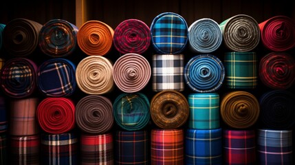Assorted tartan fabric rolls arranged vertically. - obrazy, fototapety, plakaty