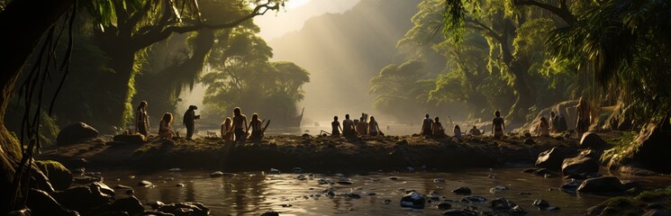 Polynesian tribe, Maori people. Village life in a picturesque area with dense vegetation and rivers. Concept: Tourist area in wild places - obrazy, fototapety, plakaty