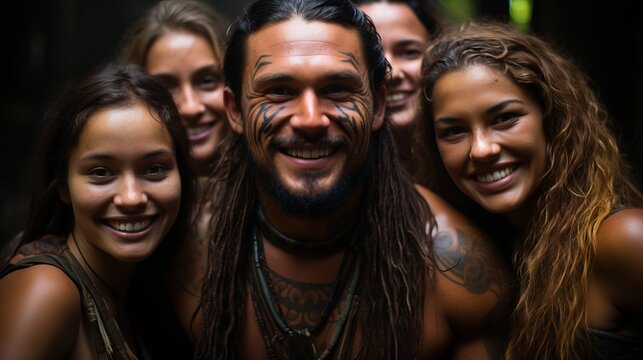 Polynesian tribe, Maori people. Village life in a picturesque area with dense vegetation and rivers. Concept: Tourist area in wild places