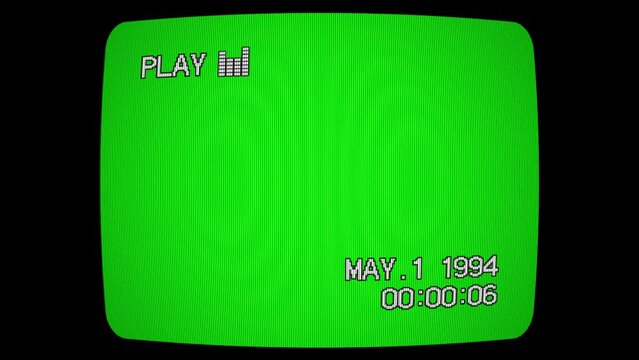VHS interface on TV screen with chromakey. CRT old screen with date and timecode. Green TV screen with noise vhs effect. Retro 80s, 90s.