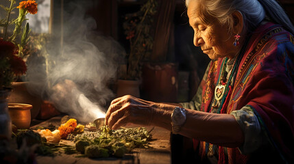 Mexican healer preparing her herbal infusions to heal a patient, natural medicine, local culture and Latin American tradition, Mexican shaman - obrazy, fototapety, plakaty
