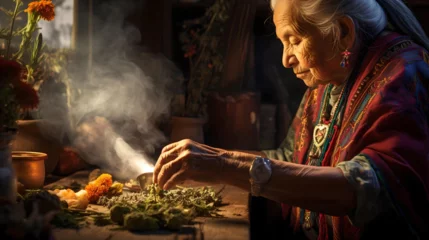 Fotobehang Mexican healer preparing her herbal infusions to heal a patient, natural medicine, local culture and Latin American tradition, Mexican shaman © Juan Gumin