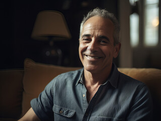 Middle age adult male, senior man with gray hair, sitting in his living room smiling
