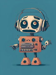 Illustration of a futuristic AI robot with headphones and a boombox, ready to blast some tunes, Created with Generative AI Technology