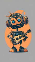 Illustration of a futuristic AI robot playing a guitar with headphones on, showcasing the creativity of AI in music, Created with Generative AI Technology